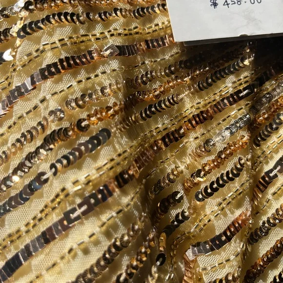 MAC DUGGAL SZ 10 SEQUENCED FAUX WRAP MIDI DRESS. YELLOW/GOLD/NUDE NWT - Picture 5 of 6